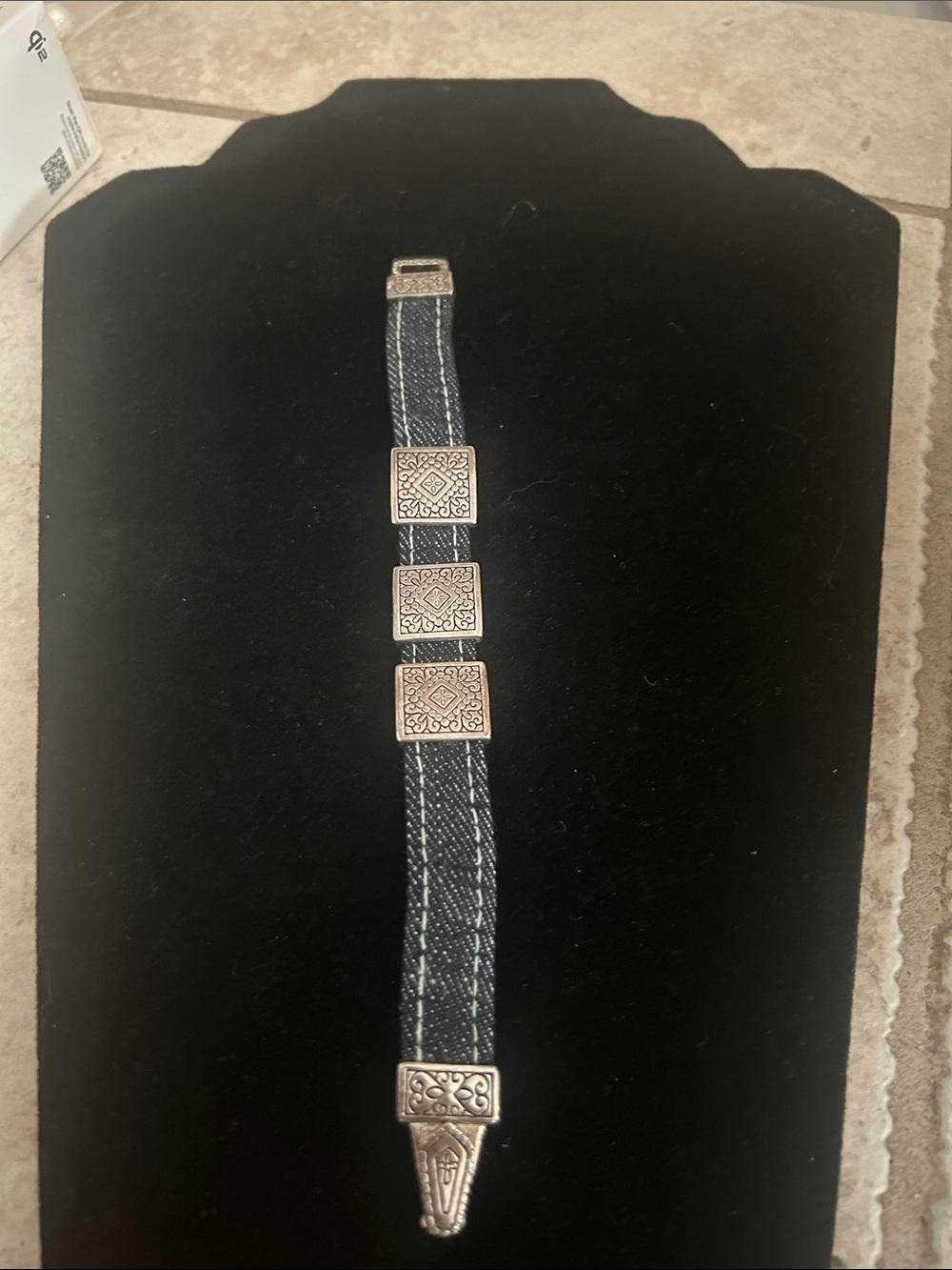 Brighton look alike Dark Denim Fabric Bracelet with Silver Decorative Panels